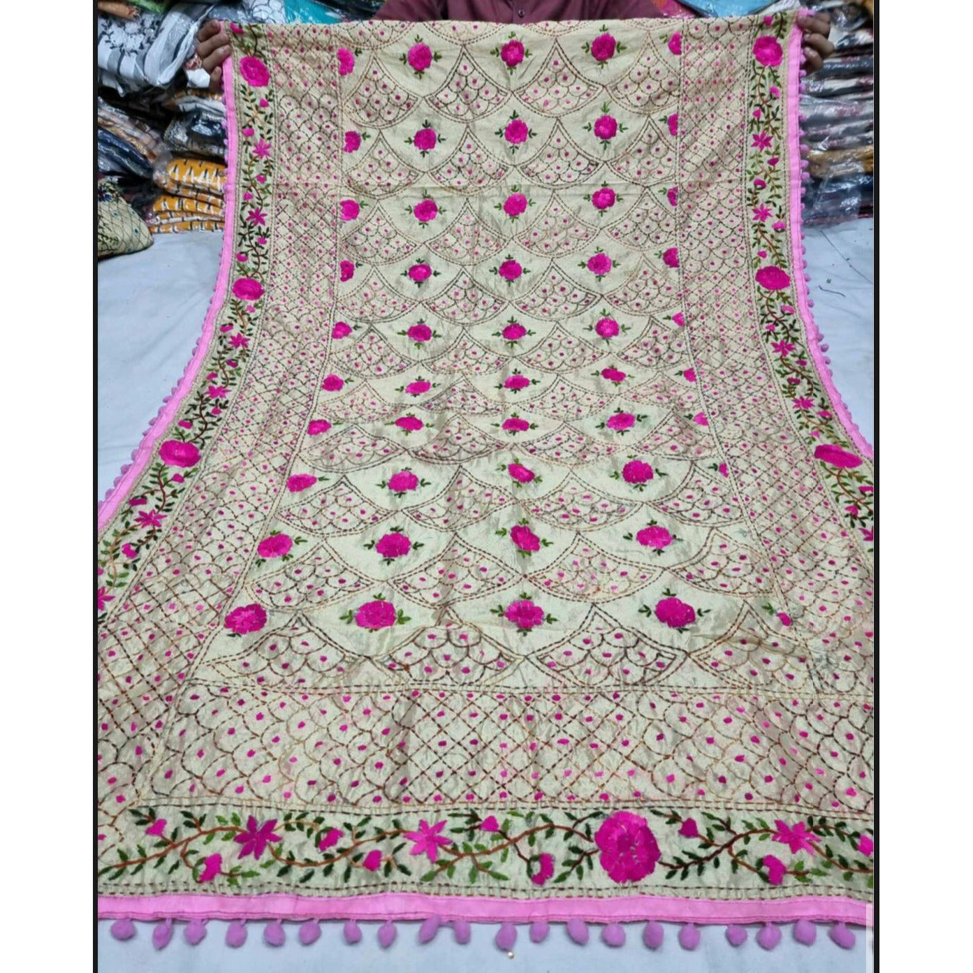 Silk Phulkari Pompom Dupatta - Mina Designer Collection