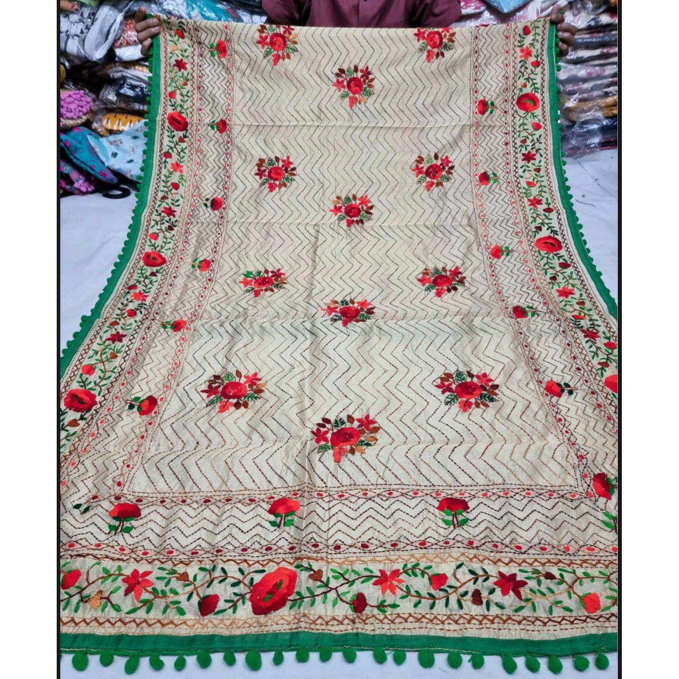 Silk Phulkari Pompom Dupatta - Mina Designer Collection