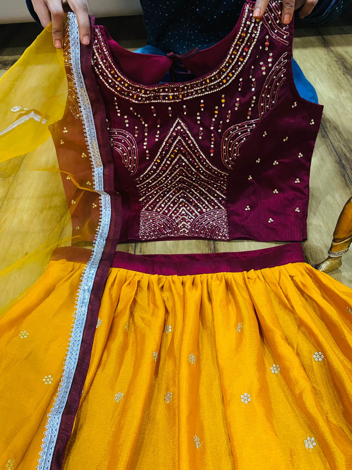 Silk Crop top with Lehenga Skirt and Dupatta