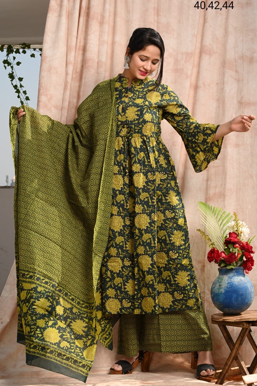 Stylish Cotton Anarkali with Pant And Dupatta - Mina Designer Collection