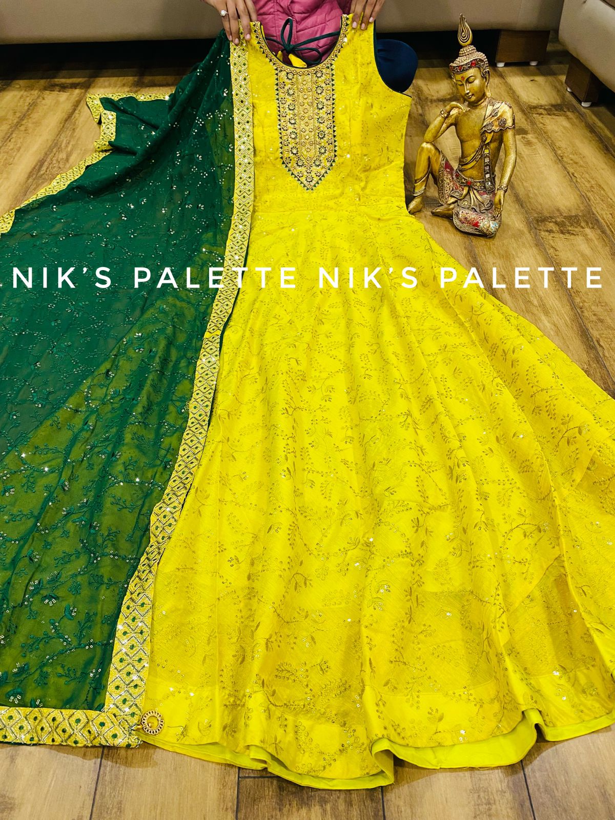Designer Green Color Chanderi Silk Ethnic Wear Gown With Zari And Resham  Work