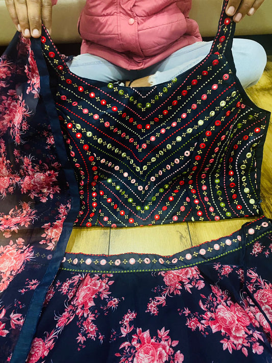 Designer Silk Crop Top with Lehenga Skirt and Dupatta
