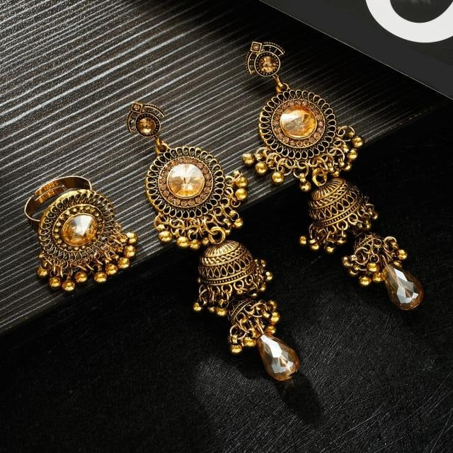 Heer Golden Jhumki Earrings with Ring Set - Mina Designer Collection